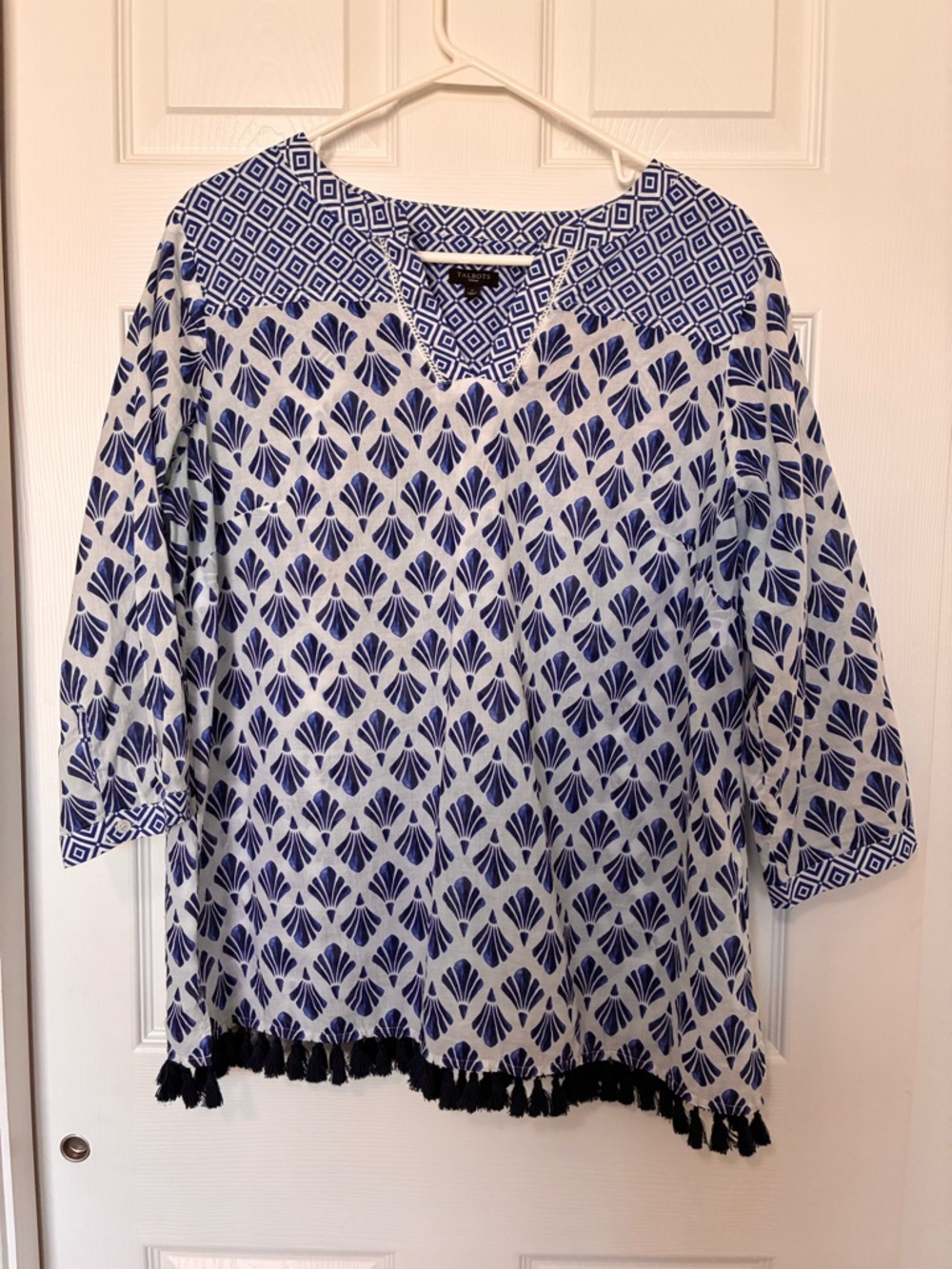Talbots Boho Cotton Top Blouse Blue, White 3/4 Sleeve Tassles Coastal Sz 1X